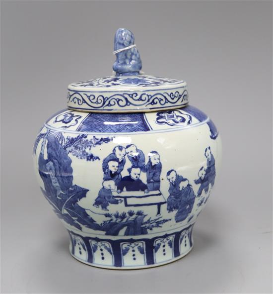 A Chinese blue and white Boys jar, 19th century, later cover height 24cm